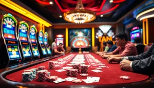 Action-packed gambling scene showcasing players at a casino with https://tt88.fund/ branding.