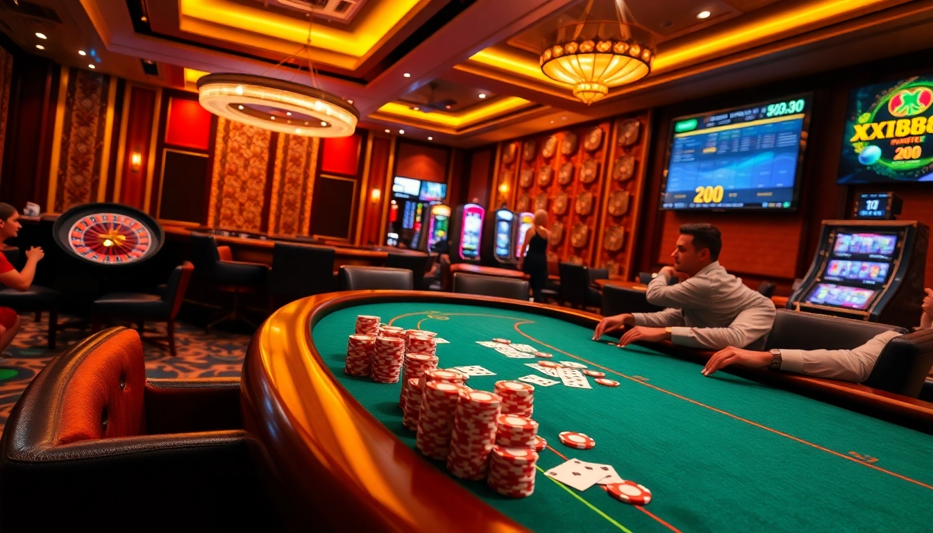 Experience high-stakes poker action at xin88 with vibrant chips, intense players, and a luxurious casino ambiance.