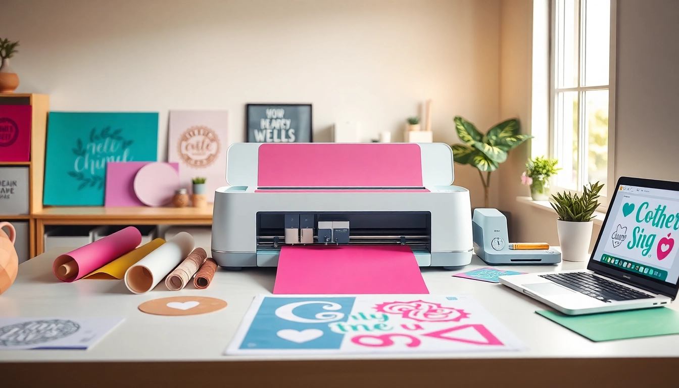 Cricut SVG designs in a vibrant crafting workspace with a Cricut machine.