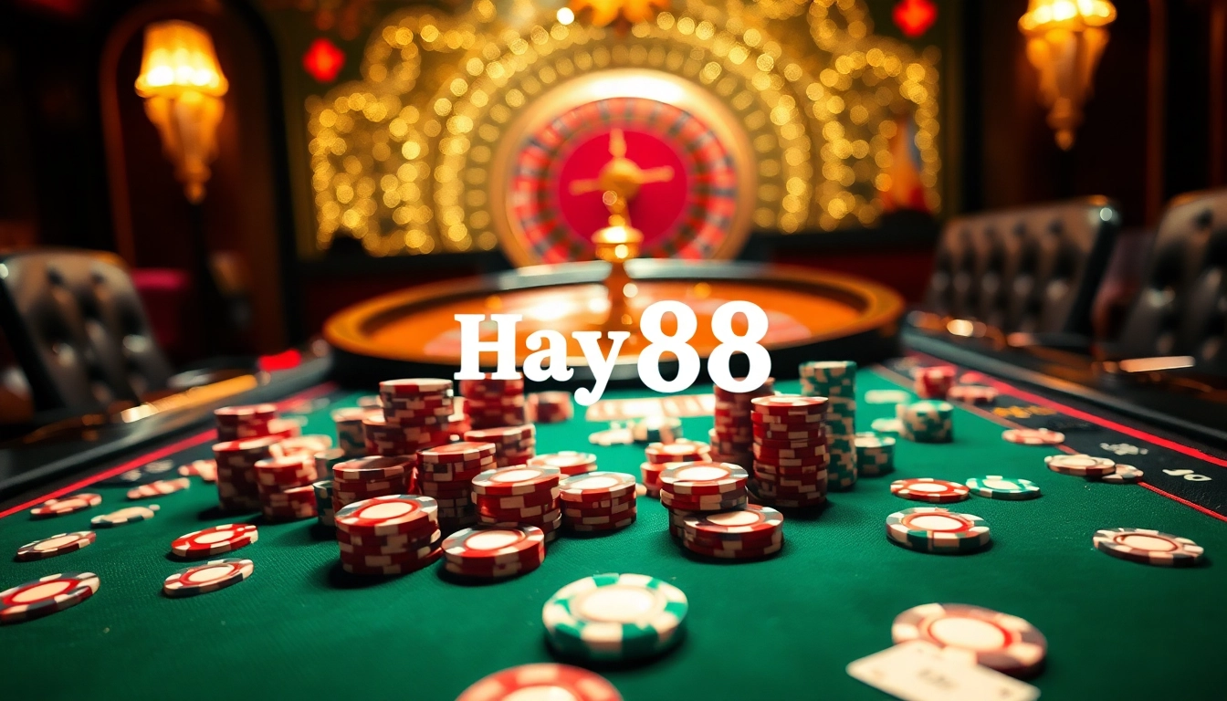Join the excitement of Hay88 with vibrant poker chips and a luxury casino table.