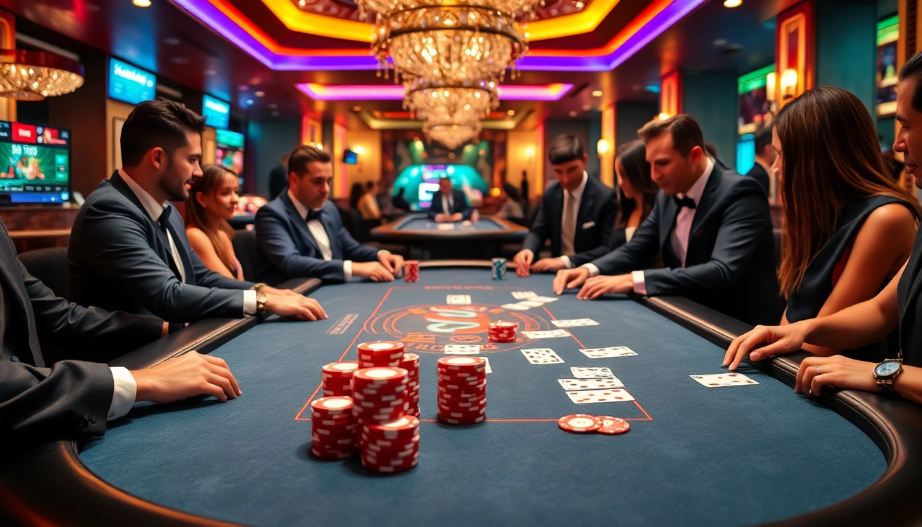 Players strategizing at a poker table showcasing 68VIP's thrilling gambling experience.