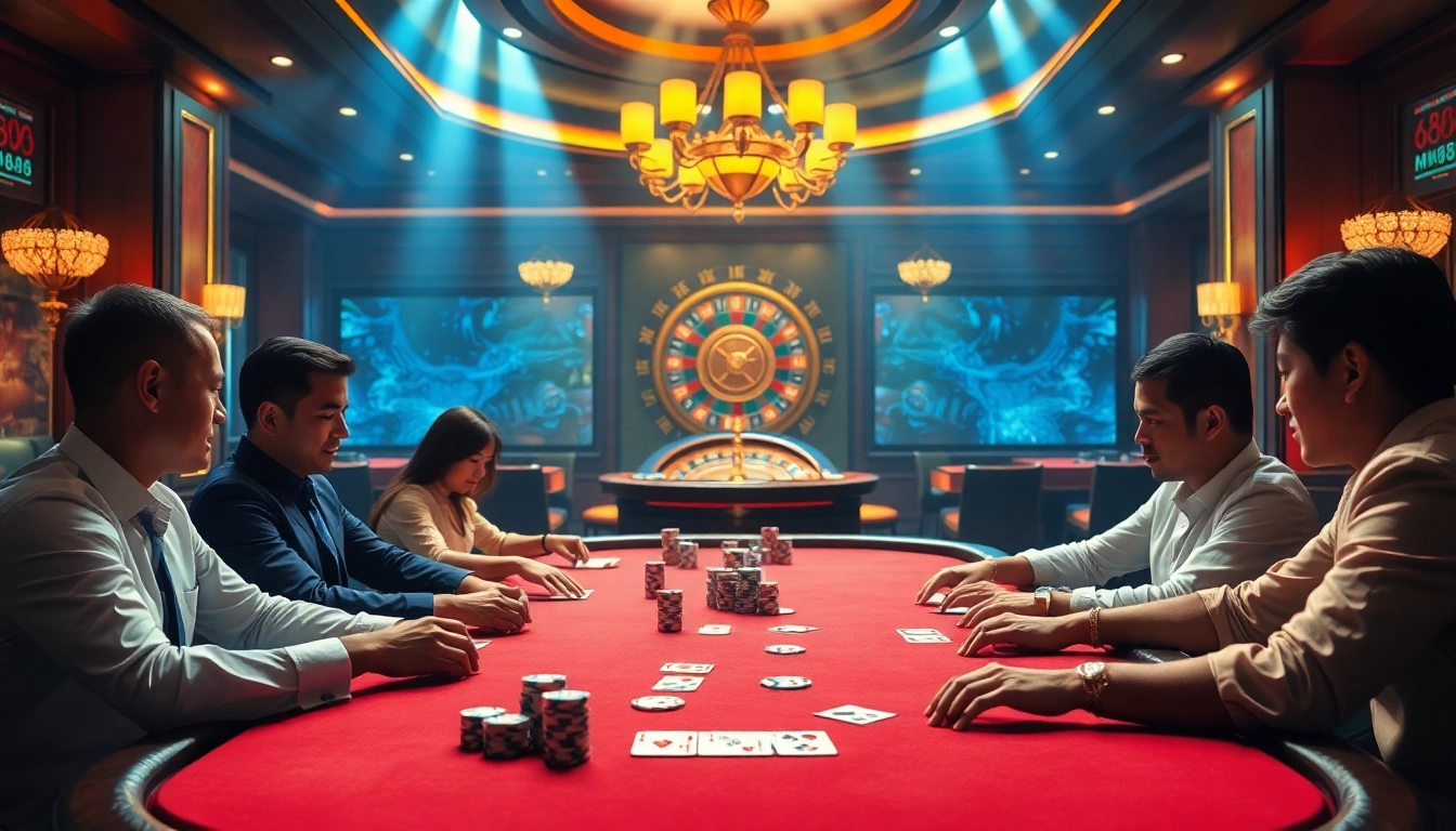 Experience the thrill of MM888 poker at an elegant casino table with vibrant chips and cards.