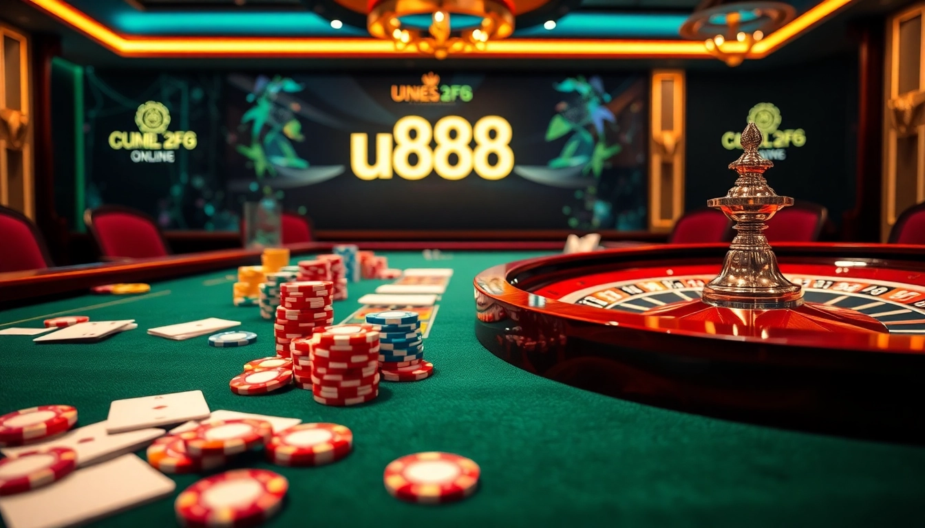 Engage in winning strategies with u888 at a lavish casino table featuring poker chips and cards.
