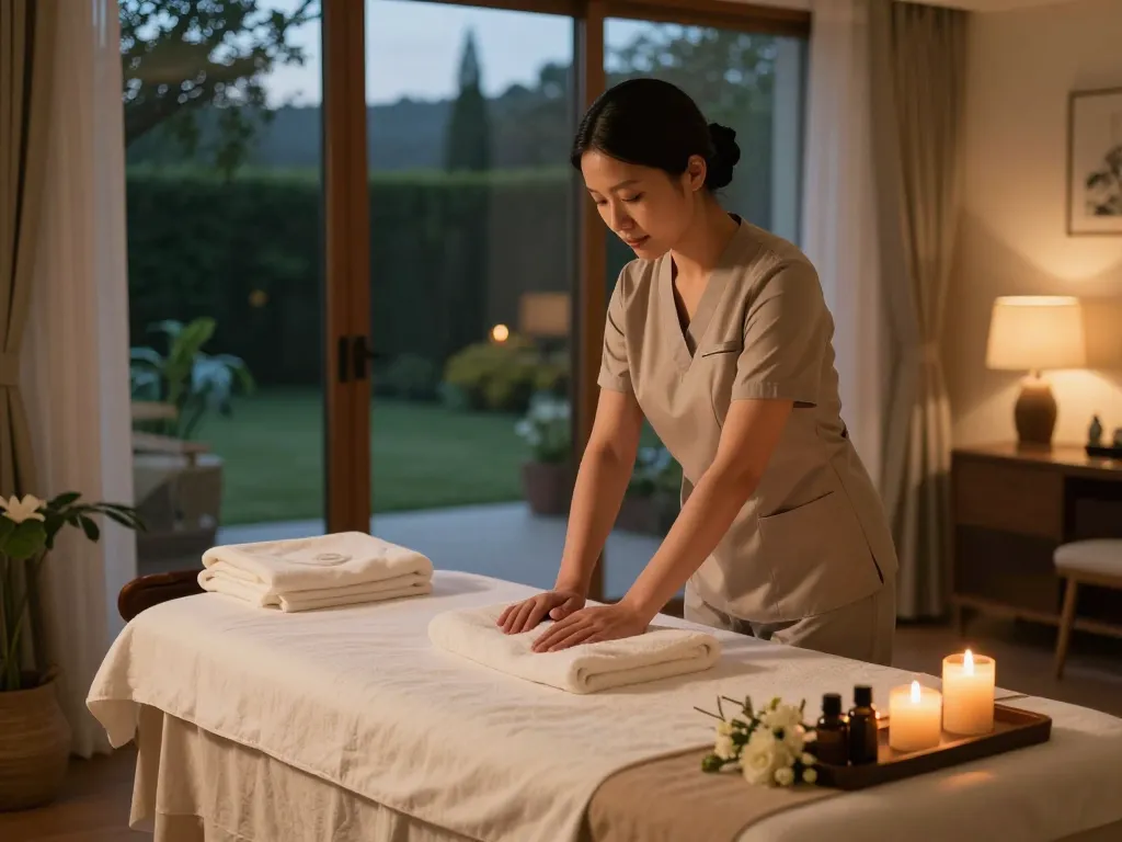 전문 치료사가 편안한 마사지 공간을 준비하는 출장안마를 위한 아늑한 홈 설정.