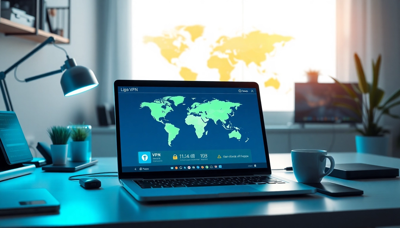 现代家庭办公室中，一台时尚笔记本上的快连 VPN 界面