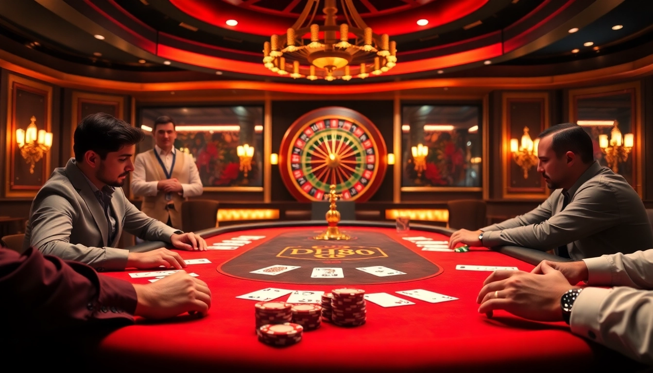 Players enjoying an intense DH88-themed poker game surrounded by vibrant casino elements.