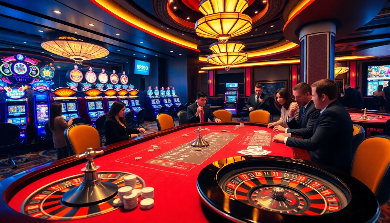 RR99 casino scene with vibrant gaming tables and engaged players, highlighting excitement.
