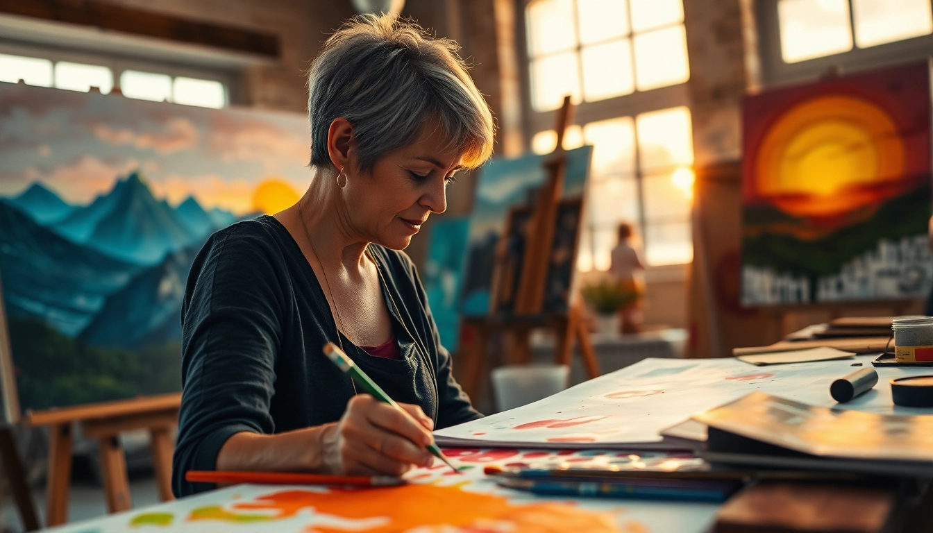 Image to prompt ai artist creating vibrant landscapes in a sunny studio.