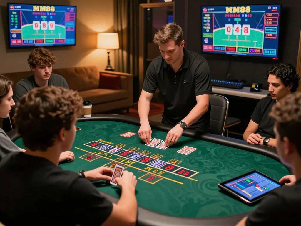 MM88 players placing bets at an engaging online blackjack game on tablets in a cozy home setting.