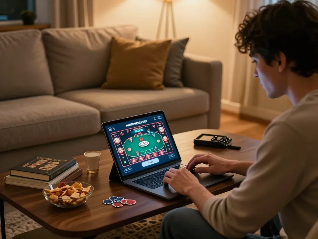Pengguna Tupaiwin terlibat dalam permainan poker online di sofa ruang tamu yang nyaman