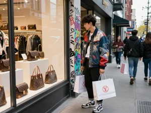 Fashionable shopper exploring a 레플리카 사이트 storefront, showcasing stylish replica items in an urban setting.