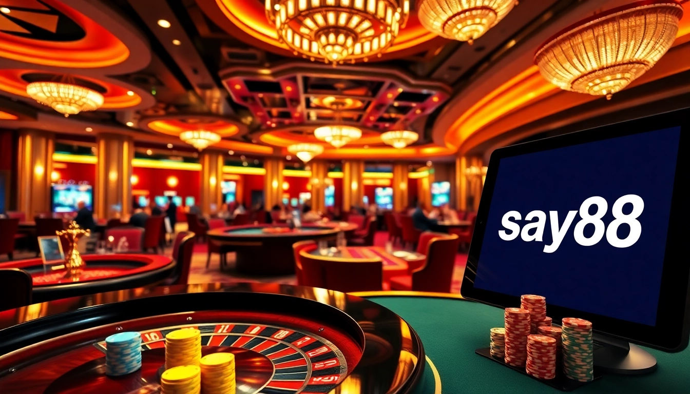 SAY88 showcases an upscale casino environment with vibrant gaming tables and poker chips, highlighting a fun gambling experience.