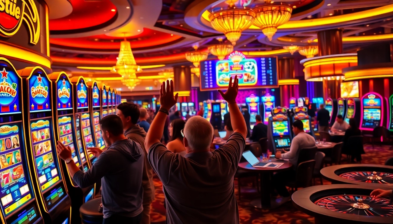 Exciting moment at a slot gacor machine in a luxurious casino filled with enthusiastic players.
