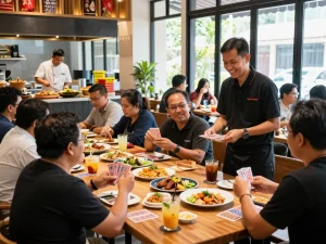 Engaging dining experience at POKERSERI with card games and delicious food.