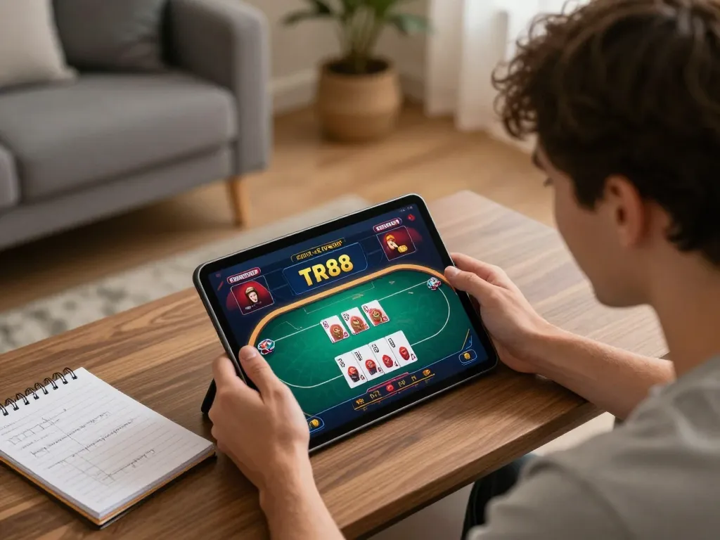 Player enjoying strategic gaming on the TR88 app, focused on poker action at home
