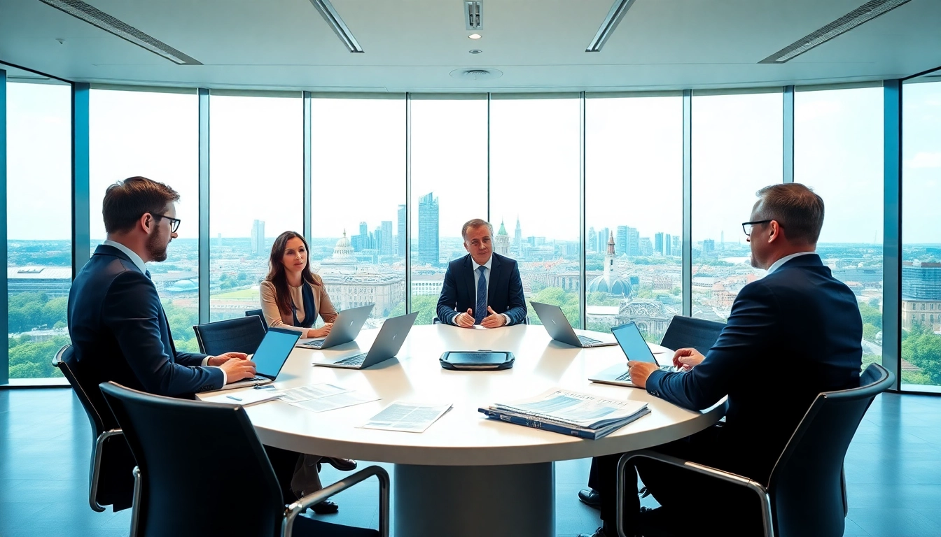 Professionals discussing family holding Luxembourg strategies in a bright office setting.