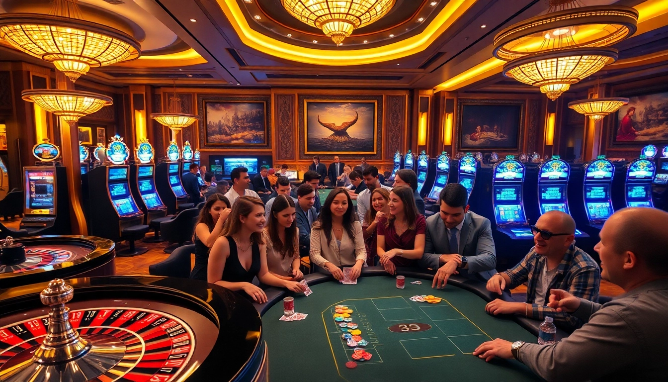 Excited players at the casino, engaging in poker with 33WIN vibes and colorful chips.