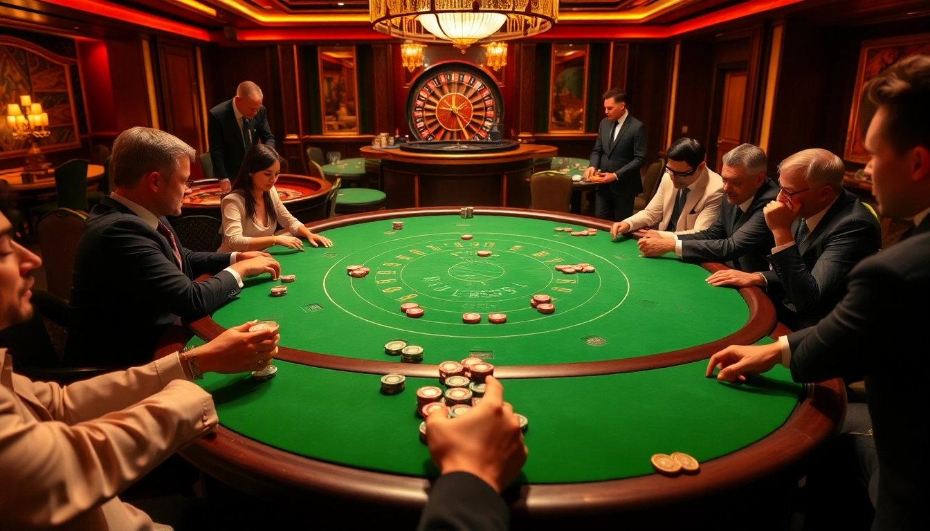 Engage in high-stakes poker at BL555, featuring vibrant casino tables and excited players.
