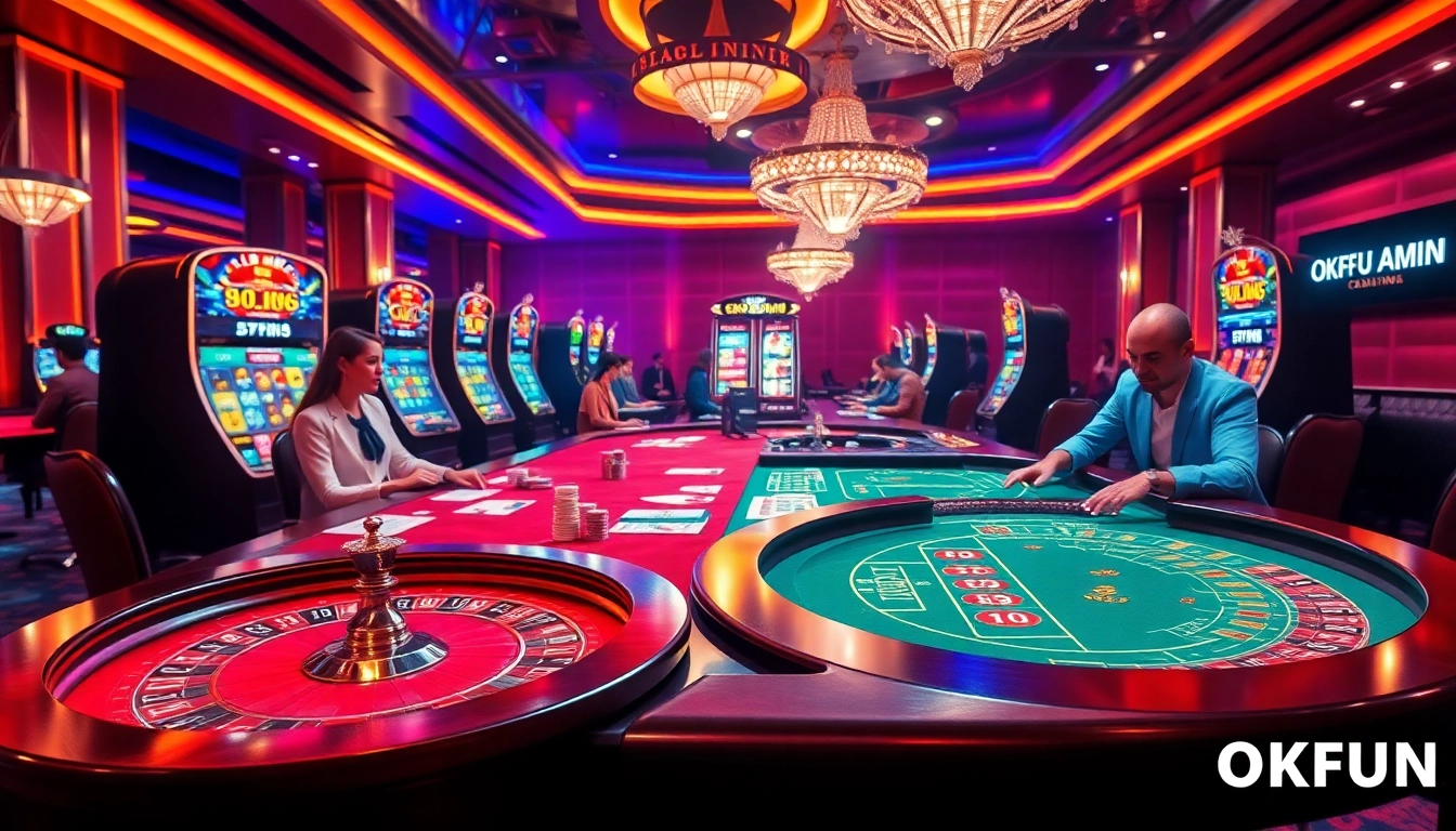 Engaged players enjoying games at OKFUN casino with vibrant tables and slot machines.