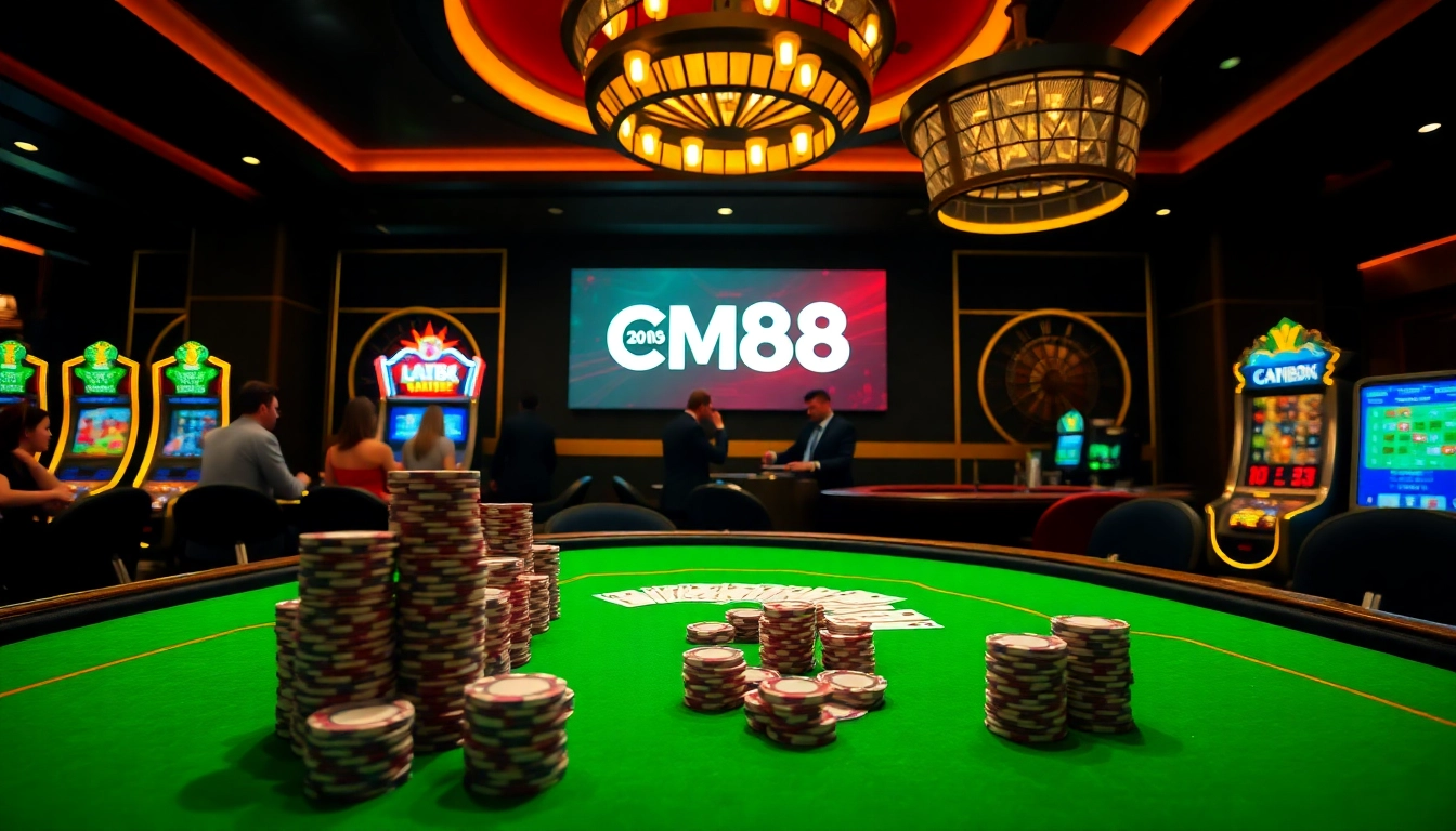 The CM88 casino scene captures intense poker action with vibrant chips and cards, creating an electrifying atmosphere.