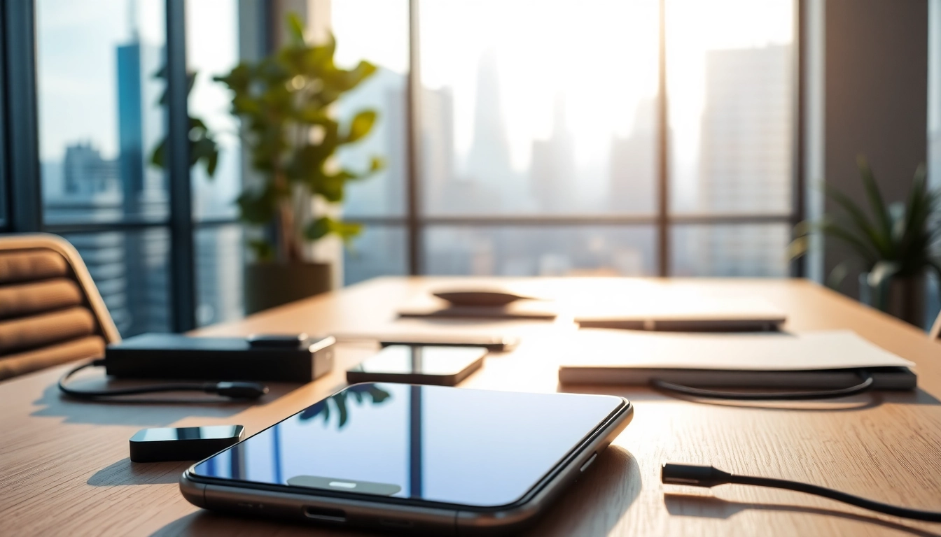 Innowacyjne AI a smartfony z zaawansowanymi funkcjami na nowoczesnym biurku.