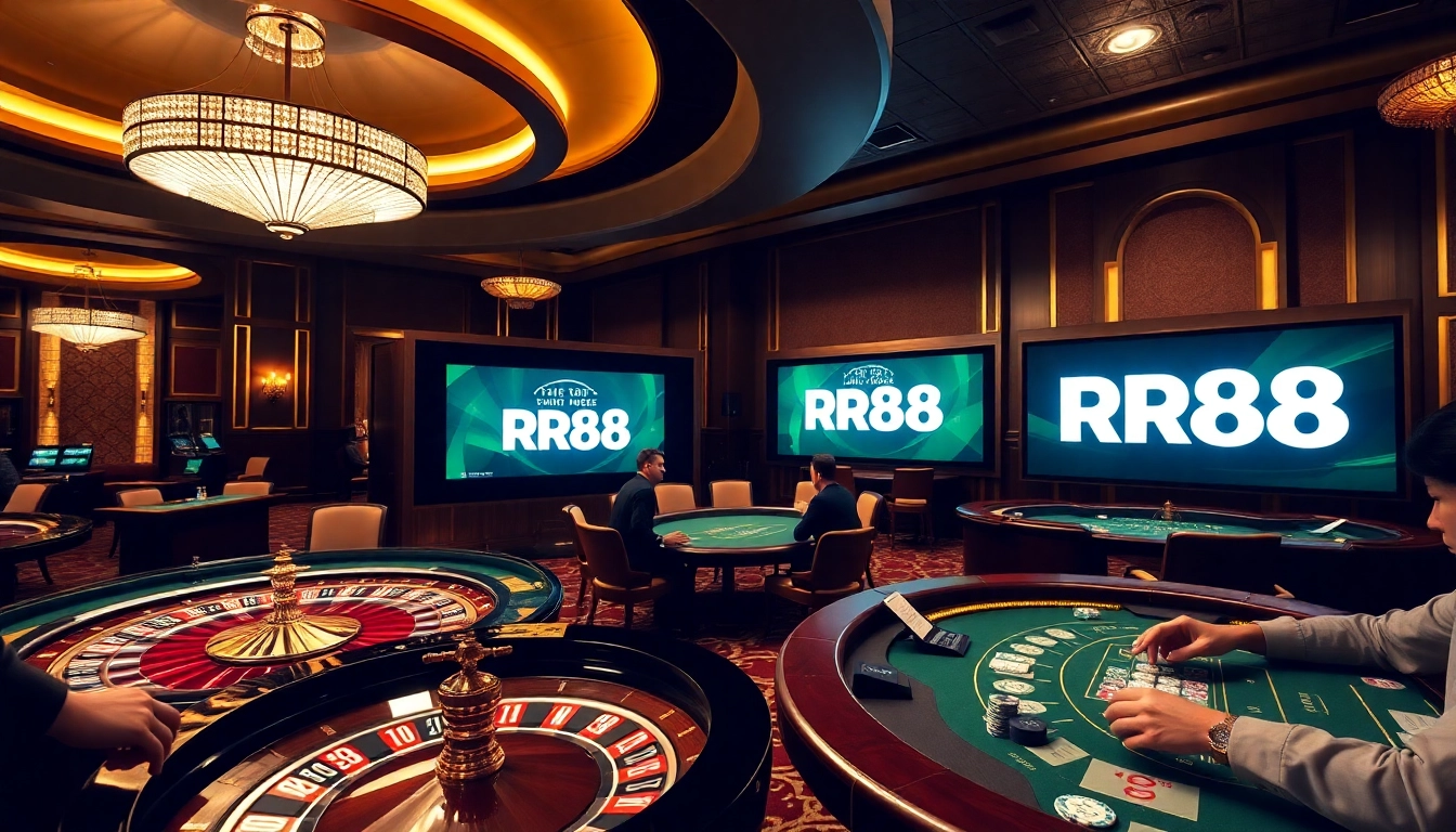 RR88 players enjoying an exhilarating casino experience with roulette and poker tables.