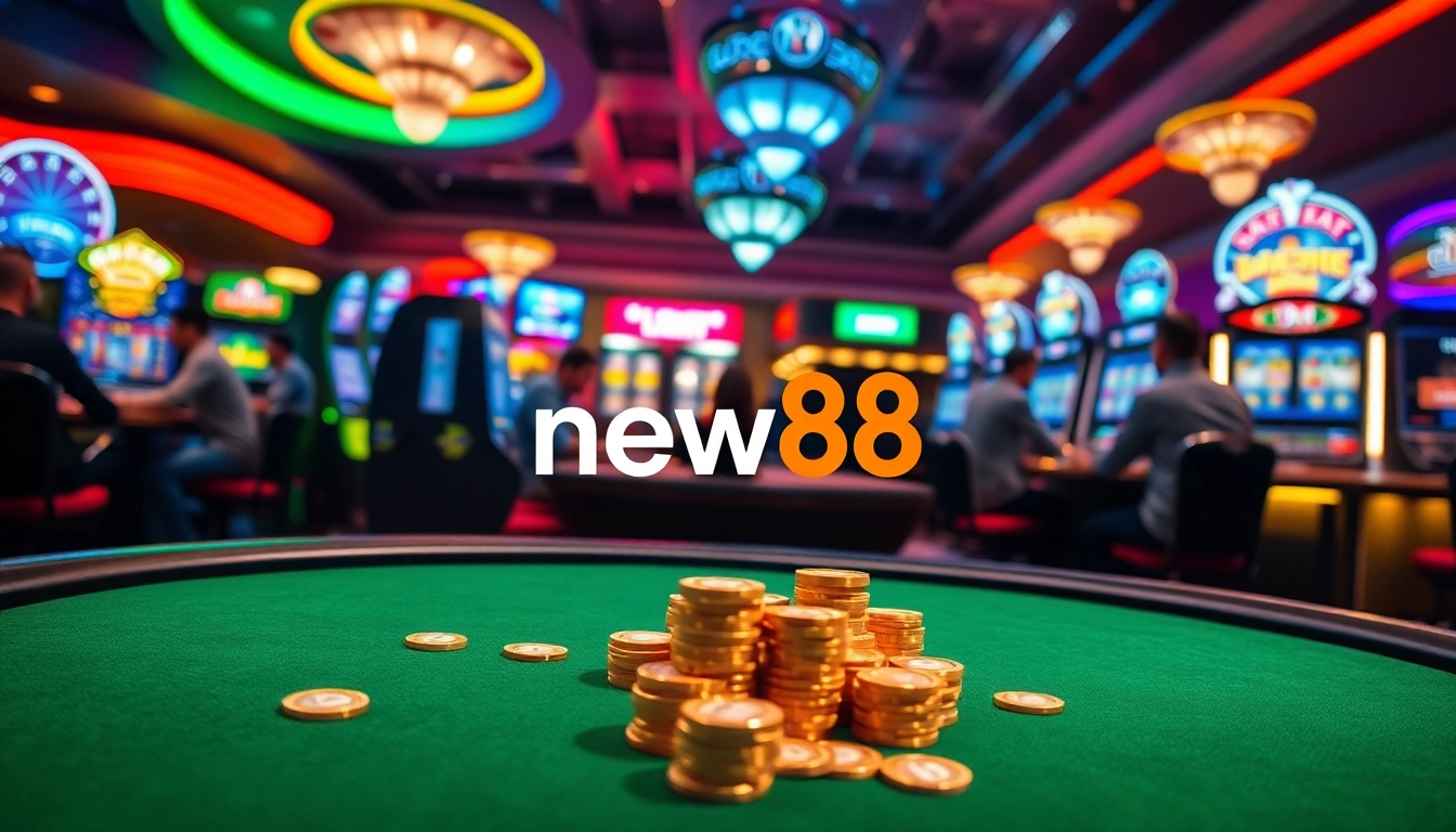 Players enjoying a thrilling poker game at new88 online casino under vibrant lights.