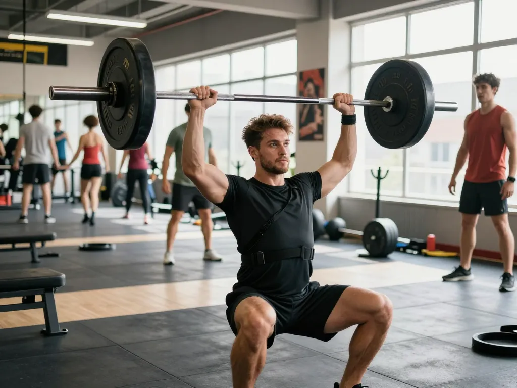Athletic man using a shoulder brace for weightlifting during shoulder press in a bright gym setting.