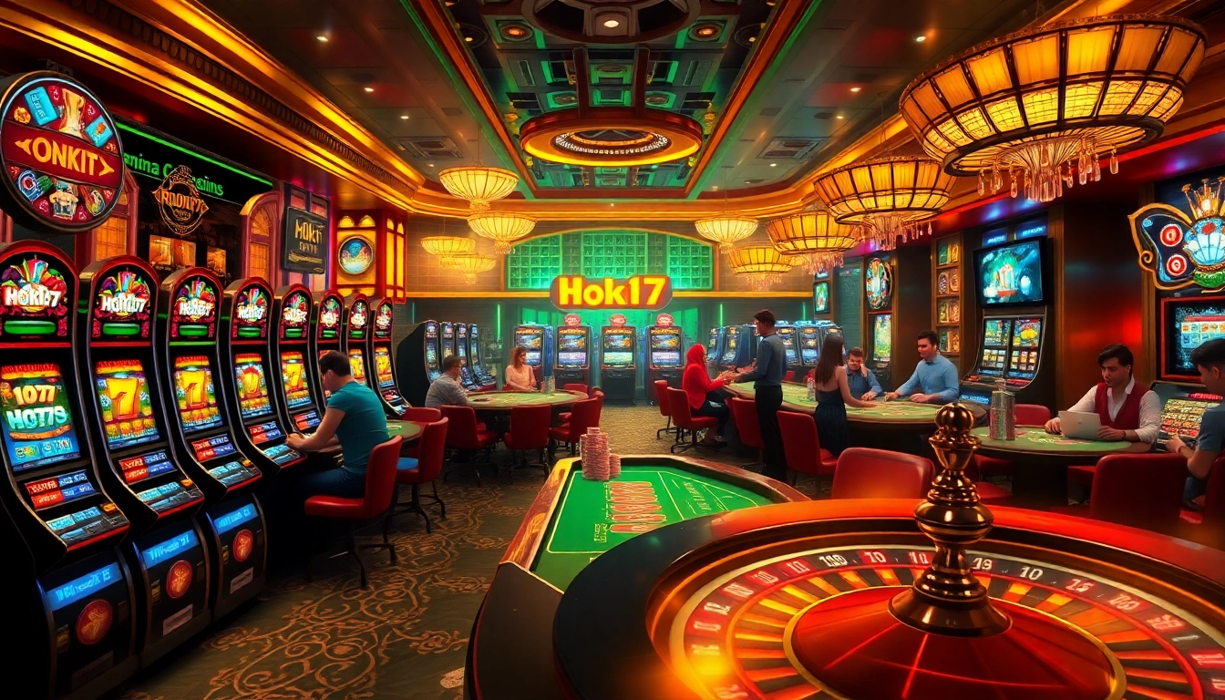 Experience the excitement of Hoki77 with vibrant casino games and players engaged in thrilling bets.