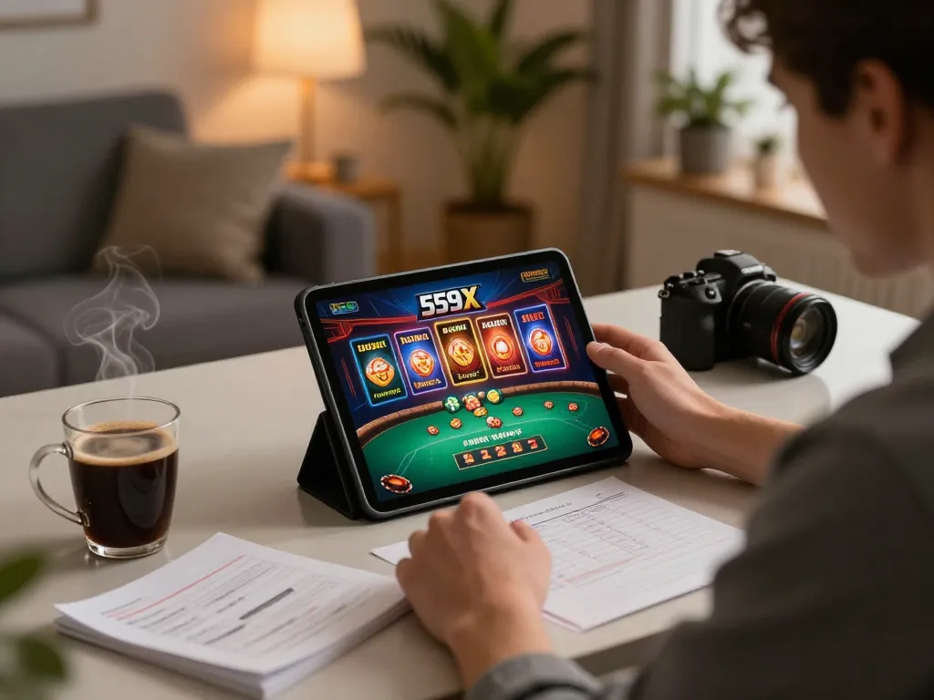 Player engaging with 559X online casino on tablet, showcasing a cozy and strategic gaming environment.