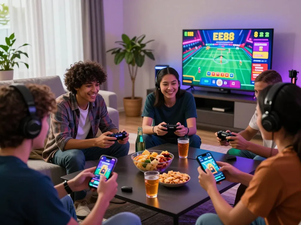 Friends enjoying an exciting gaming session on EE88 app with drinks and snacks in a lively room.