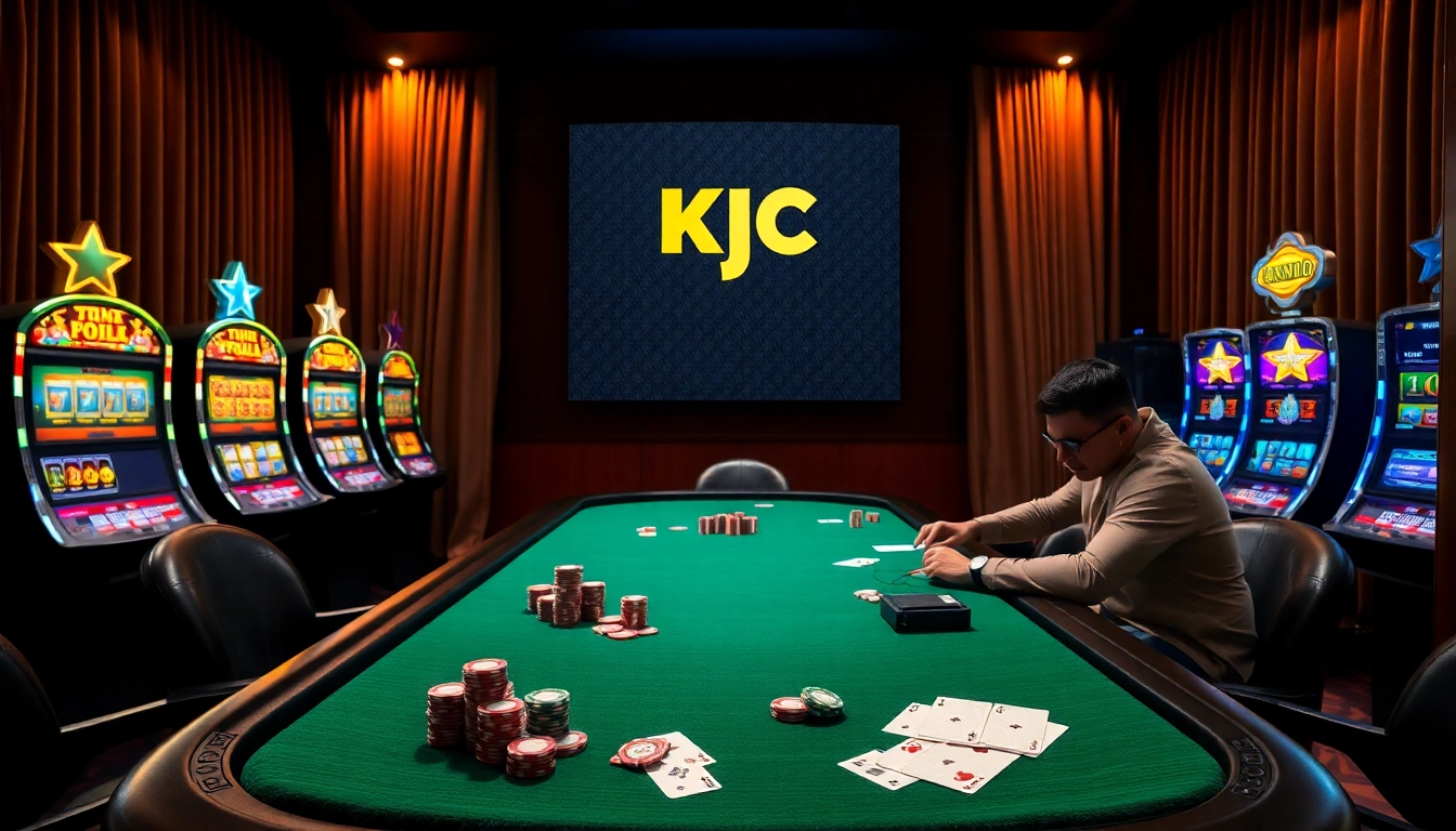 KJC players strategizing at a vibrant casino table filled with colorful chips and lively atmosphere.