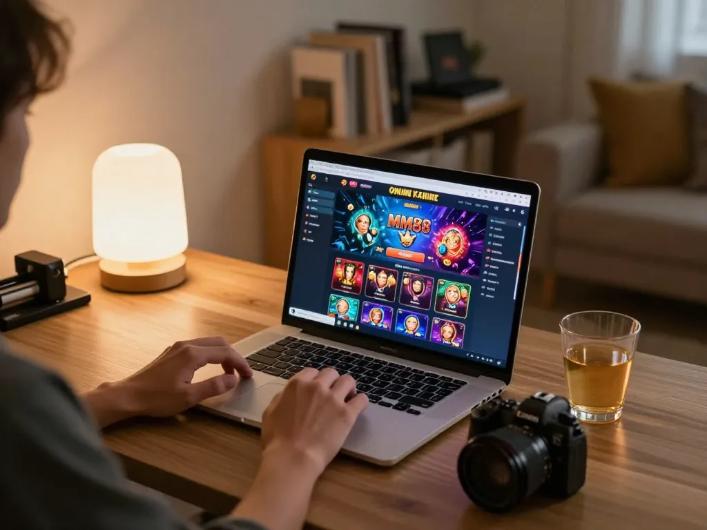 Player engaging with the MM88 online casino on a laptop, showcasing fun and strategic gameplay