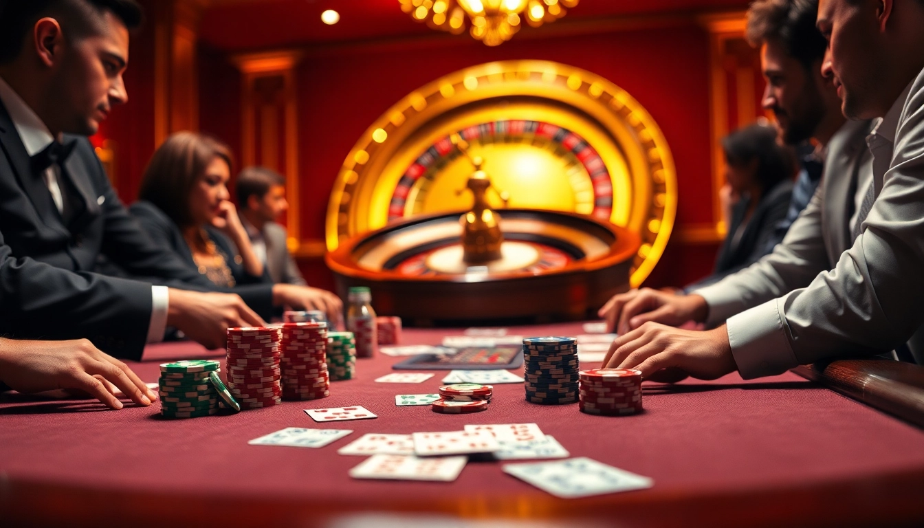 Players engage in an exciting poker game at a luxurious QQ88 casino table.