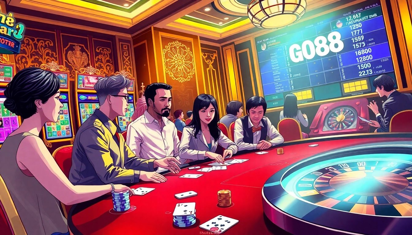 GO88 casino scene showcasing vibrant slot machines and poker action in a luxurious setting.
