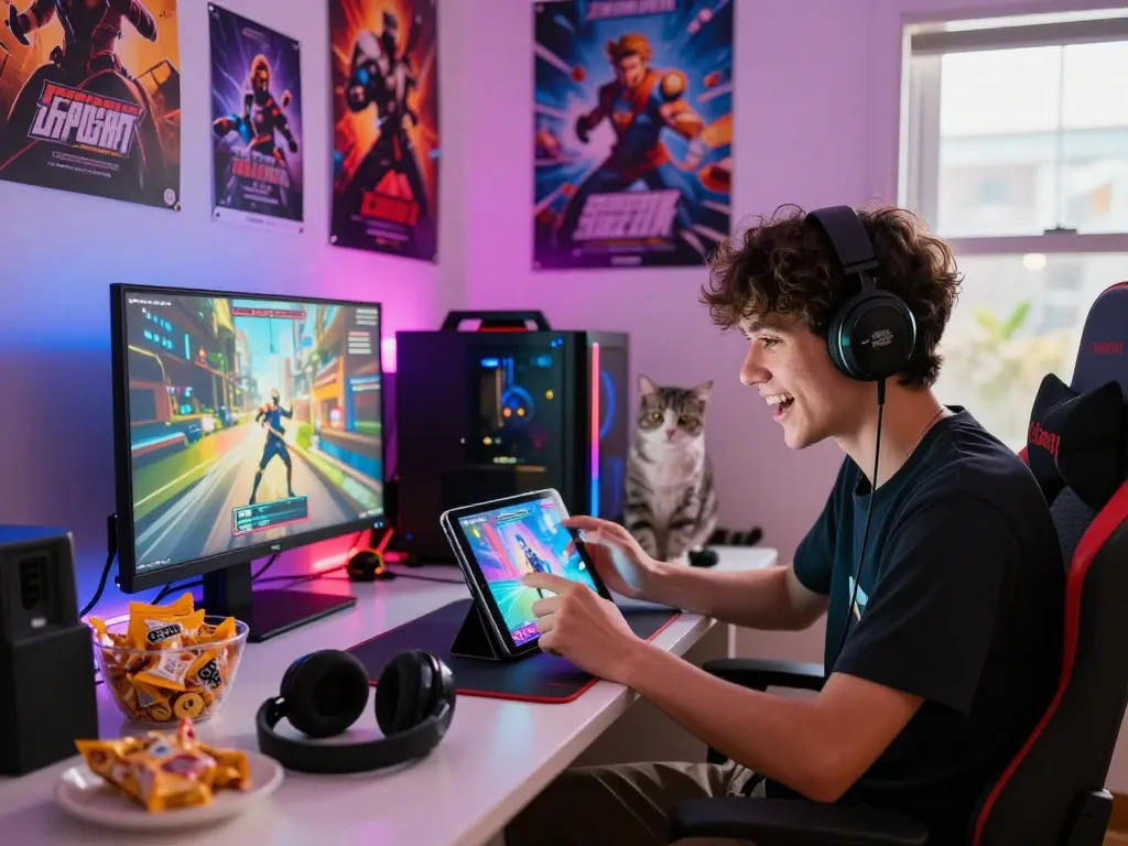 Engaged gamer enjoying autowin88 mobile games in a lively urban setting with colorful decor and snacks.