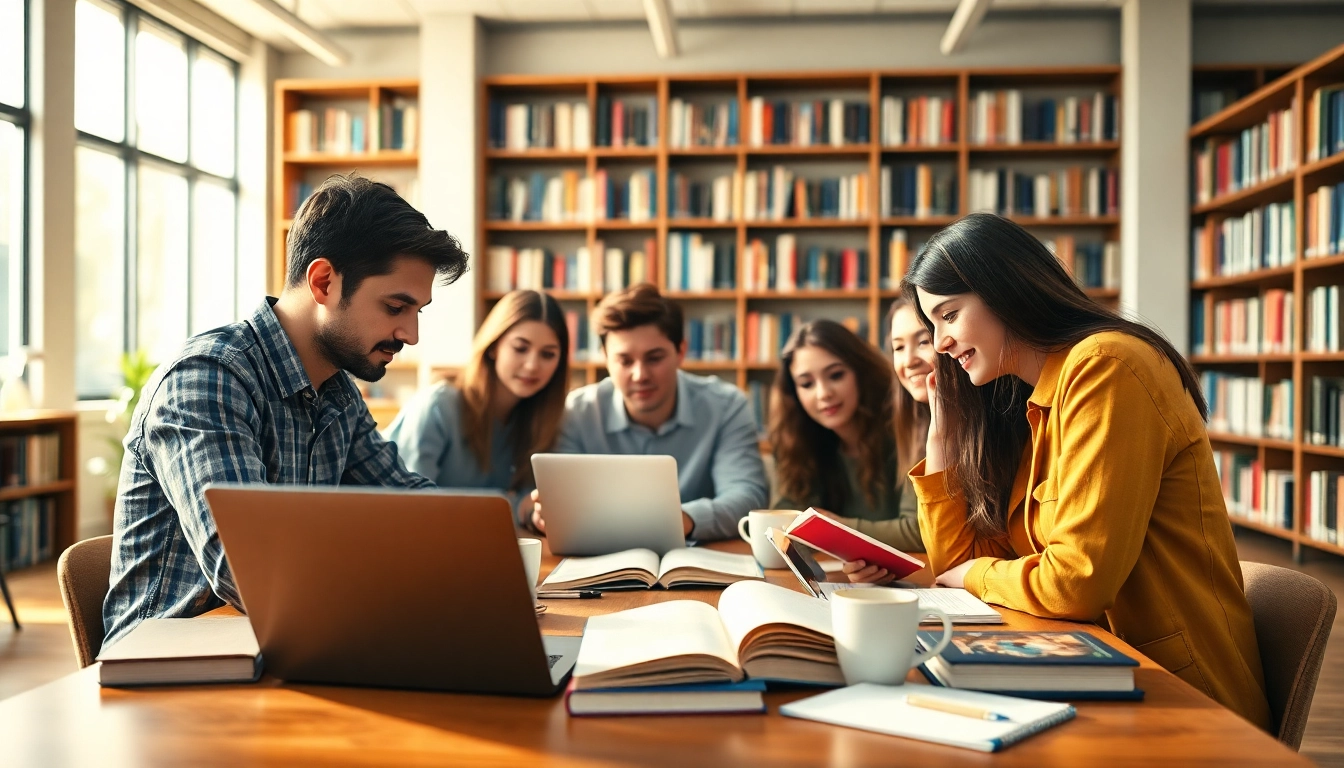 Students collaborating for certification exam support in a bright study environment.