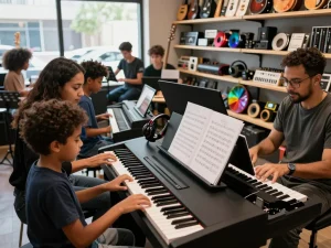 Musicians enjoying the go 88 digital piano in a vibrant music store