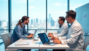 Data scientists collaborating on enterprise search ai solutions in a modern office setting.