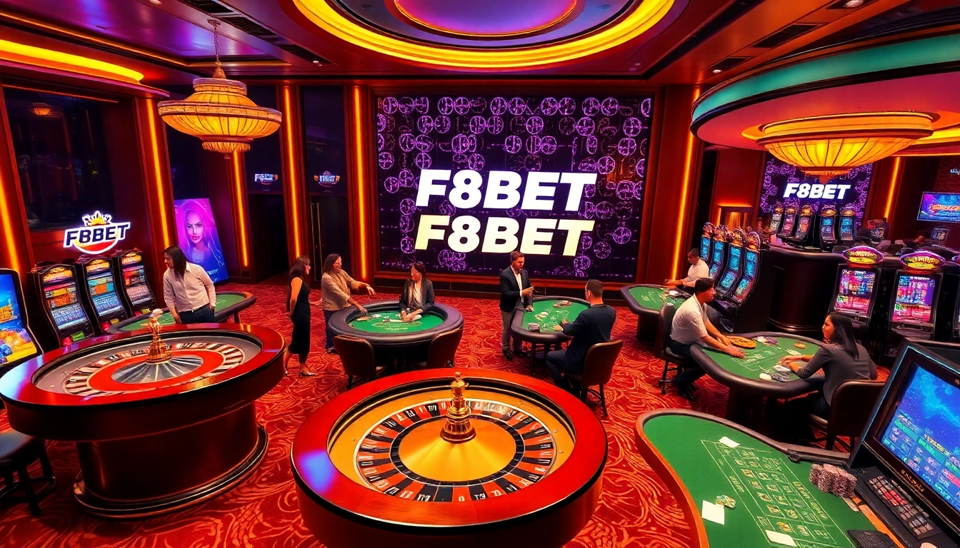 F8BET players engaging intensely at roulette and poker tables in a luxurious casino environment.