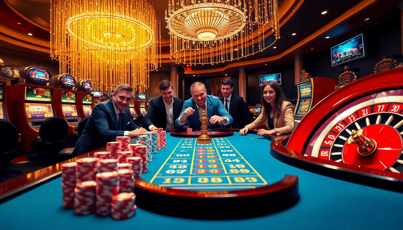 Une scène palpitante au meilleur casino en ligne avec des machines à sous vibrantes, une table de poker et des joueurs absorbés dans l'action de paris.
