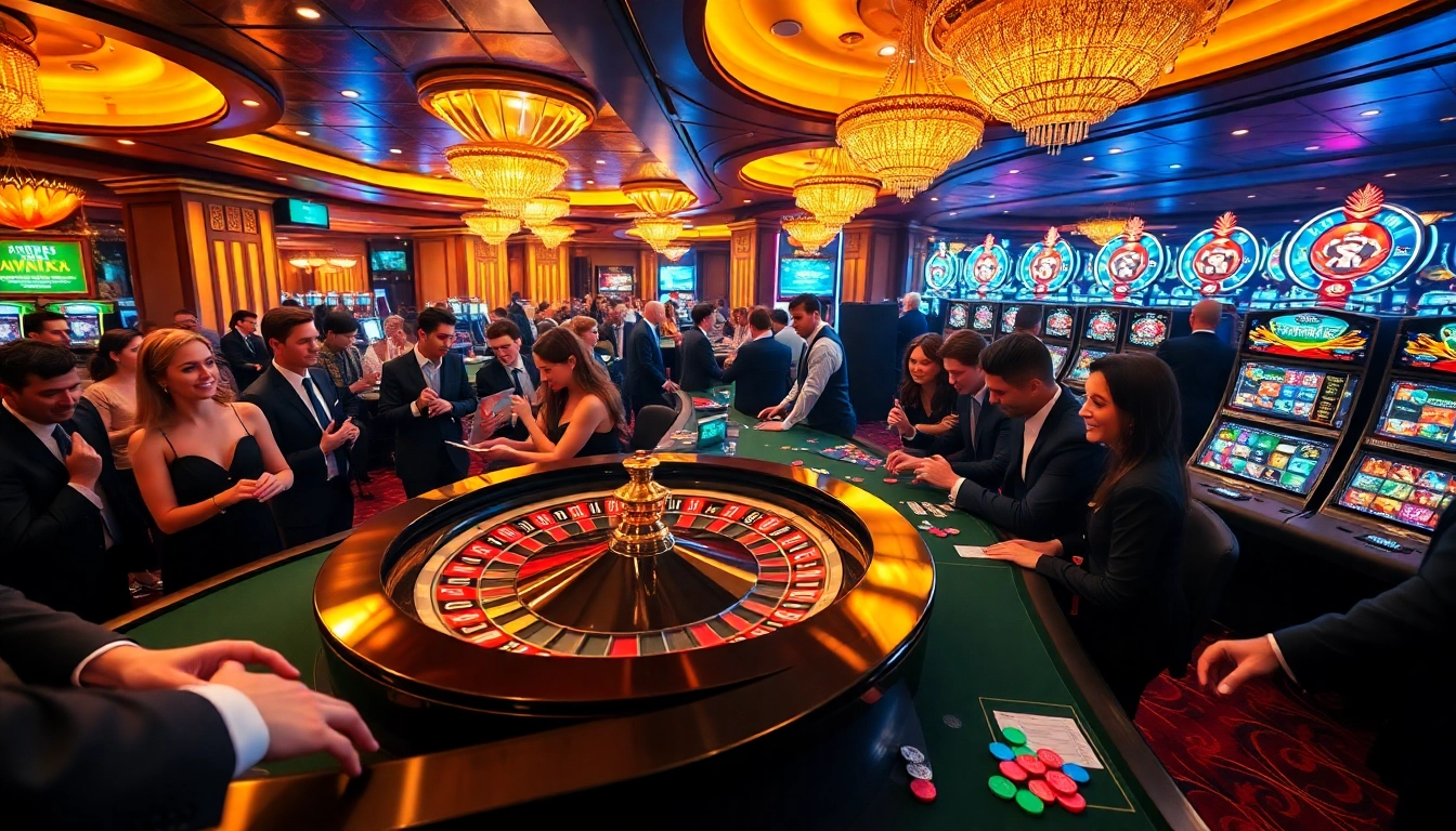 Pemain menikmati suasana kasino mewah di jmacdonaldphoto.com dengan meja roulette dan poker yang meriah.