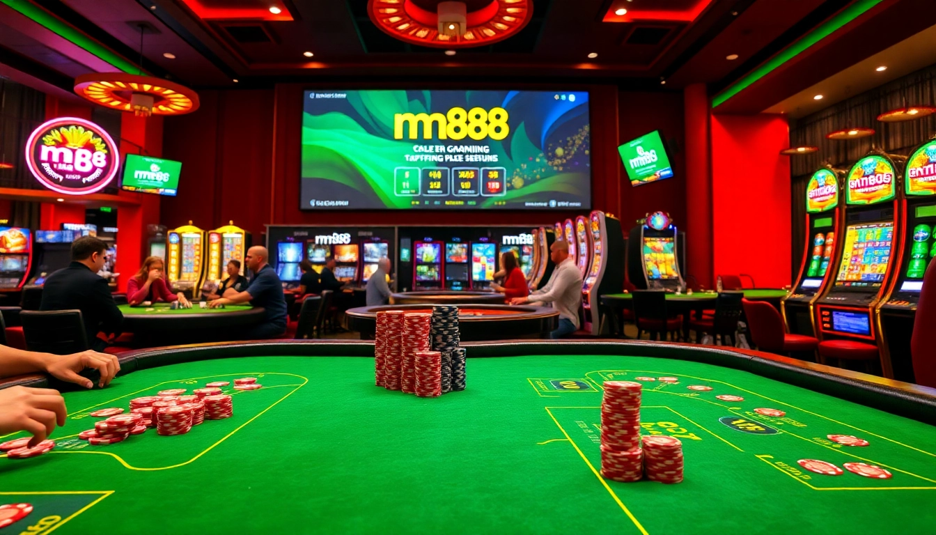 Experience thrilling gameplay at mm88 with vibrant casino tables, chips, and neon lights.