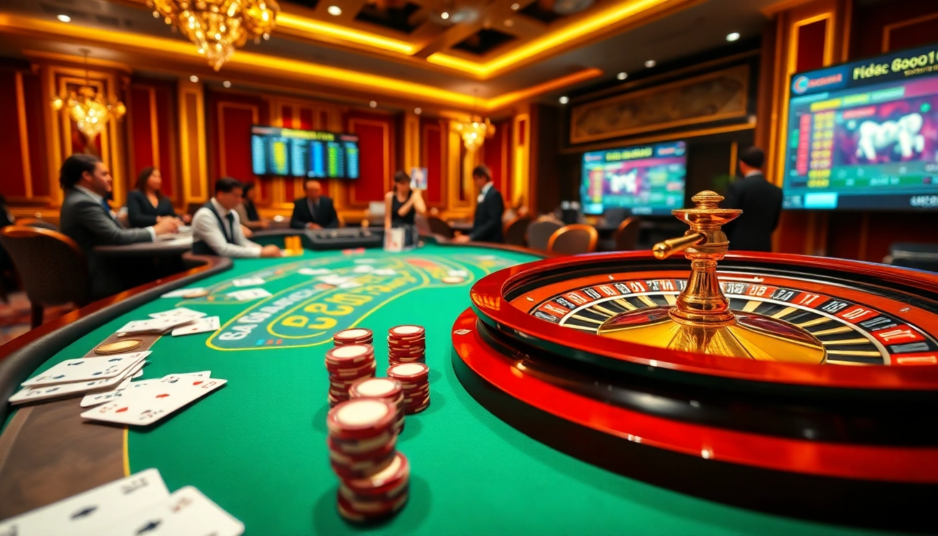 Gamblers enjoying a thrilling game at a luxurious table inspired by https://uu88ae.com/ with vibrant poker chips and a roulette wheel.