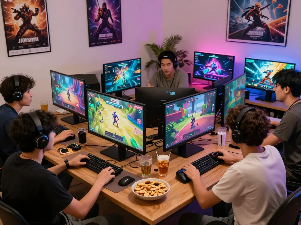Dynamic gaming scene with friends excitedly playing on ligasedayu.com, showcasing vibrant screens and a lively atmosphere.