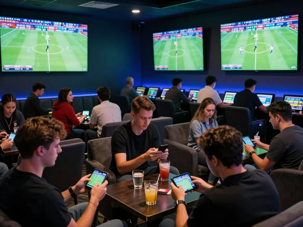 Xoilac users enjoying live sports betting atmosphere with screens displaying football matches