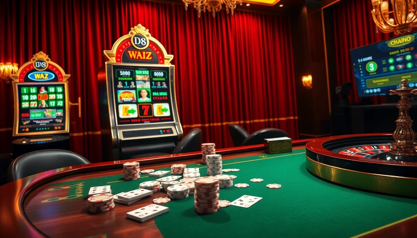 Experience DW8's thrilling online gambling with vibrant slots and poker chips on an upscale casino table.
