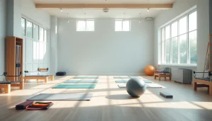 機材を展示し、落ち着いた雰囲気を持つピラティススタジオ。ピラティス おすすめを強調。