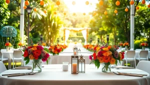 Coordinate stunning outdoor event rentals for a wedding with elegant tables and colorful decor.