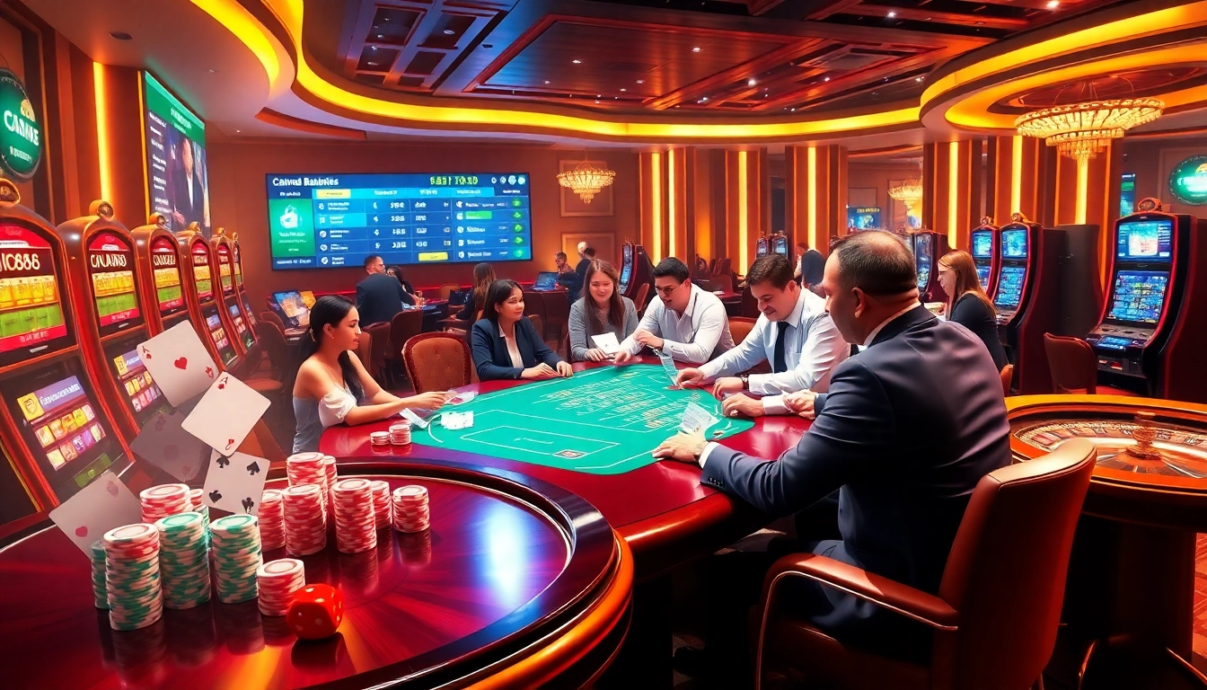 Players experiencing the excitement of online gambling at http://u888.br.com/, with vibrant slot machines and casino tables.